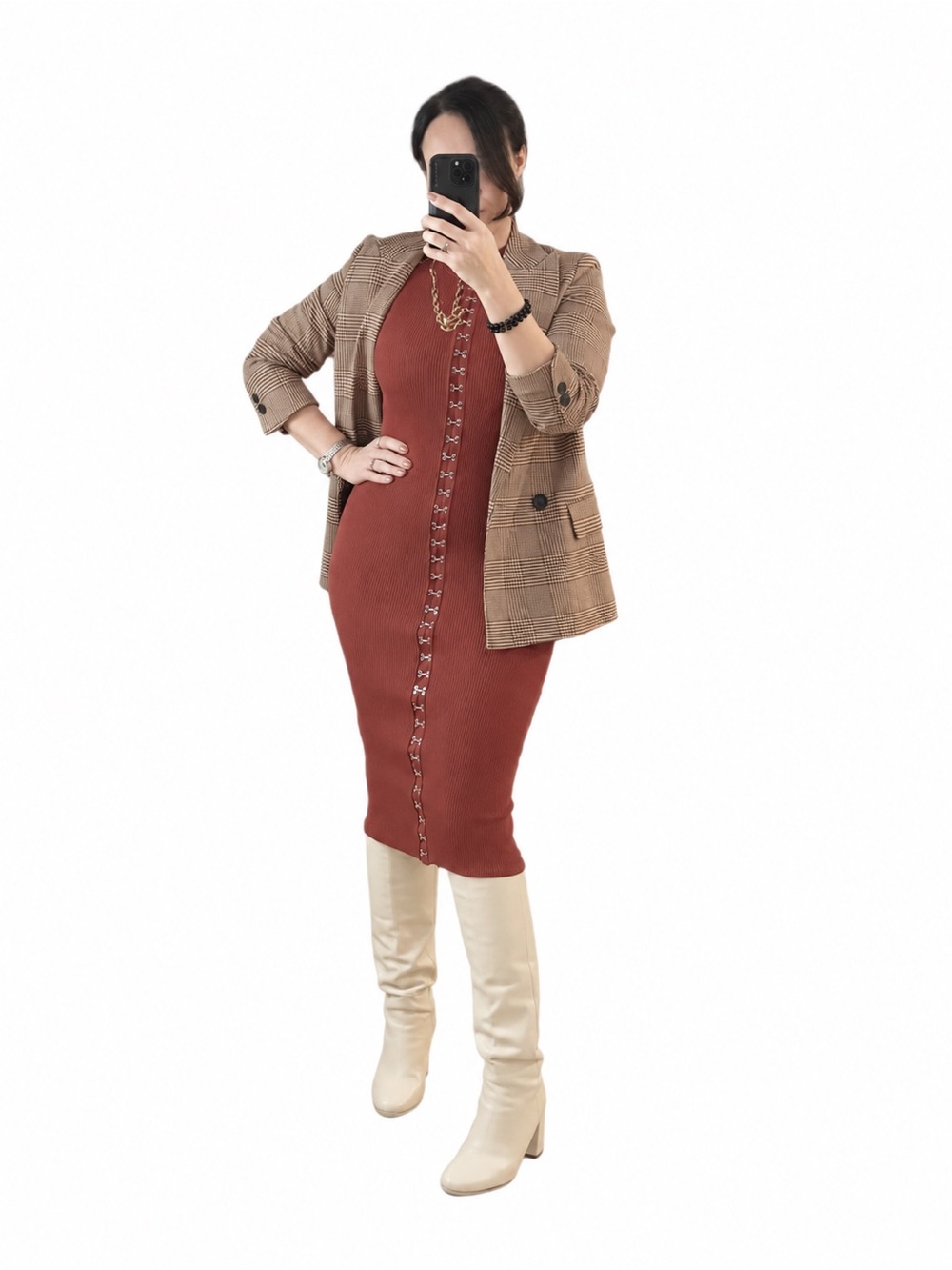 ZARA Terracotta Ribbed Knit Hook & Eye Midi Dress S Fall Mock Neck Bodycon